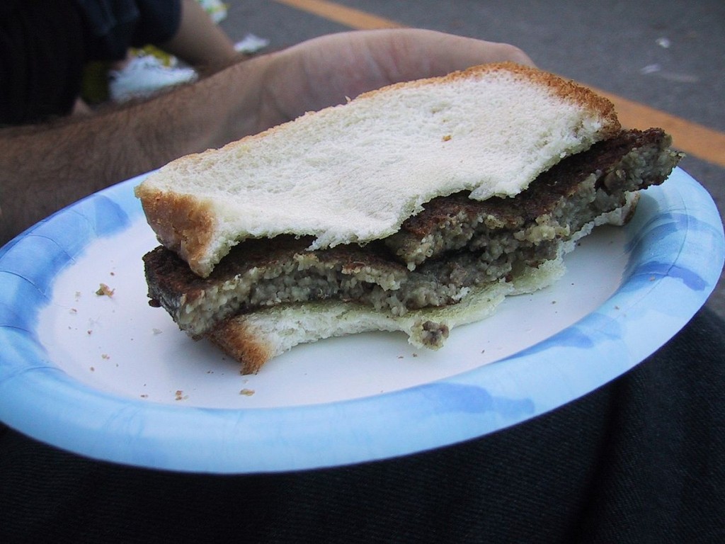 Livermush (a.k.a. "Scrapple") sandwich at the Delaware State Fair. Photo: Wikicommons.