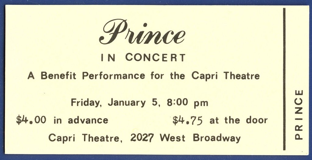 Ticket to Prince's first concert. Image: Wikipedia, via Minnesota Historical Society.