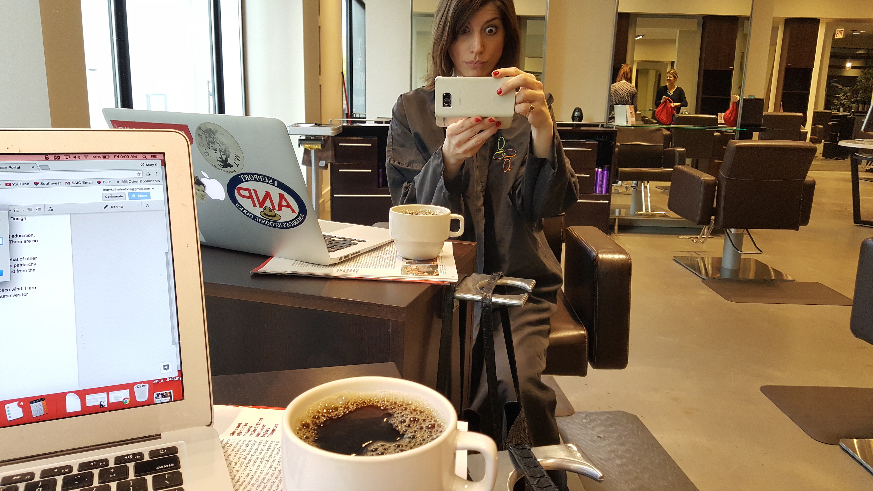 Me, bright and early this morning. Note coffee, laptop, and mild anxiety. Photo: Me, clearly. 