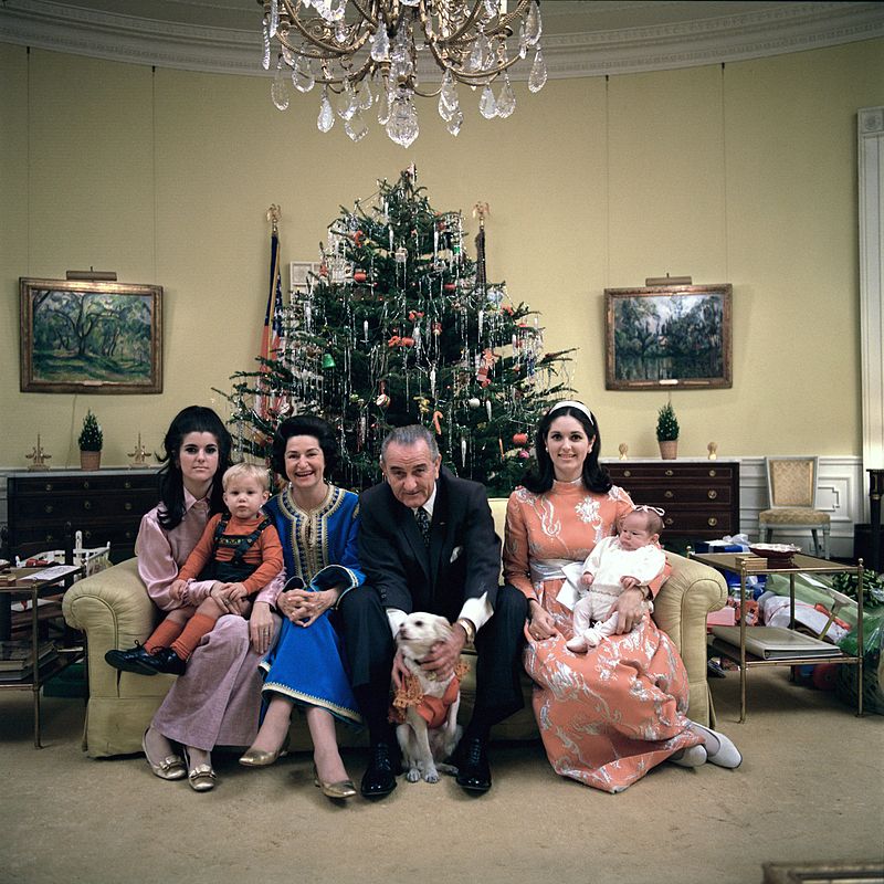 Thanks, Wikipedia! Lyndon B. Johnson and his family on Christmas Eve in 1968. Yellow Oval Room, White House.