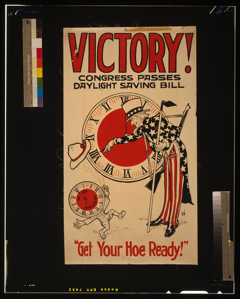 Lithograph from 1918 showing Uncle Sam turning a clock to Daylight Savings time. Image: Wikipedia.